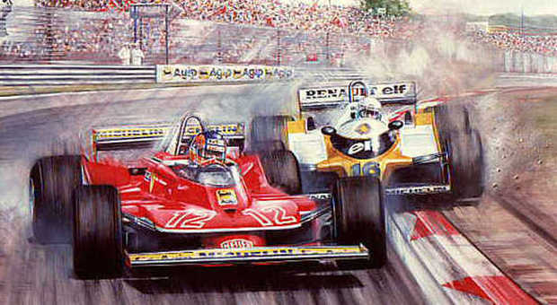 Un disegno del più celebre duello della Formula 1: Villeneuve e Arnoux a Digione nel 1979