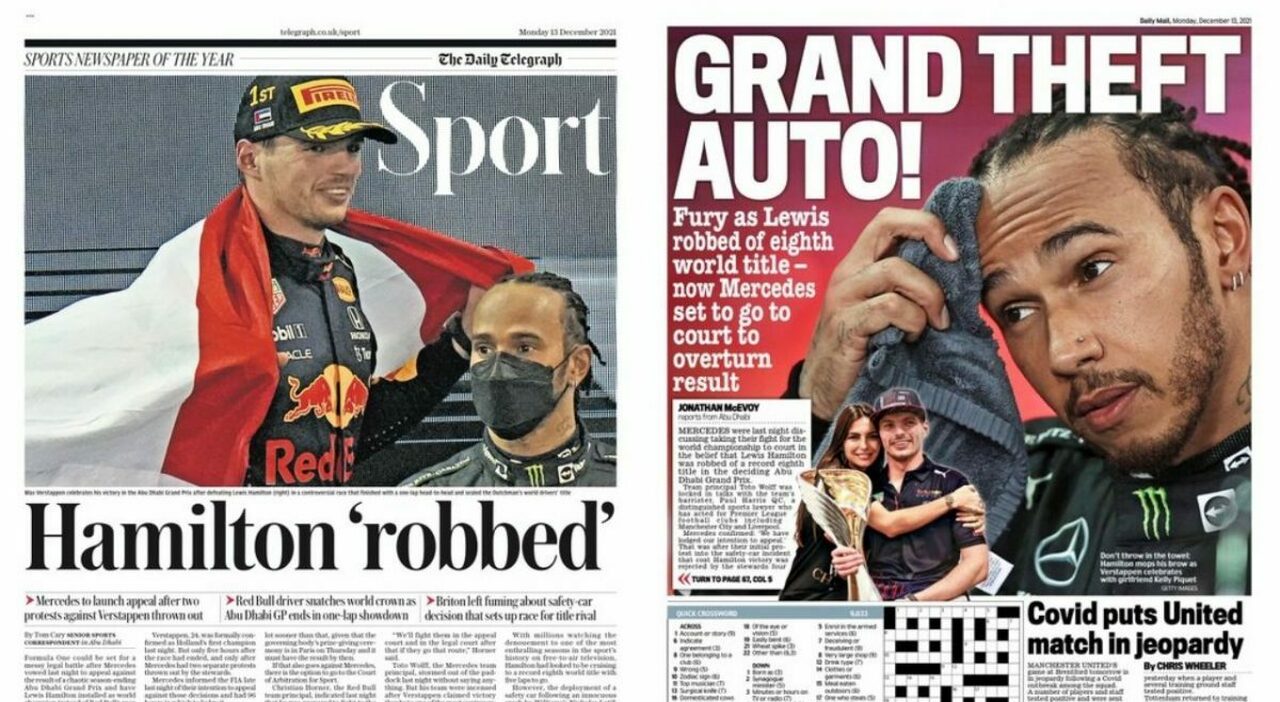 La prima pagina di alcuni tabloid inglesi su cui si grida allo scandalo per la vittoria di Verstappen