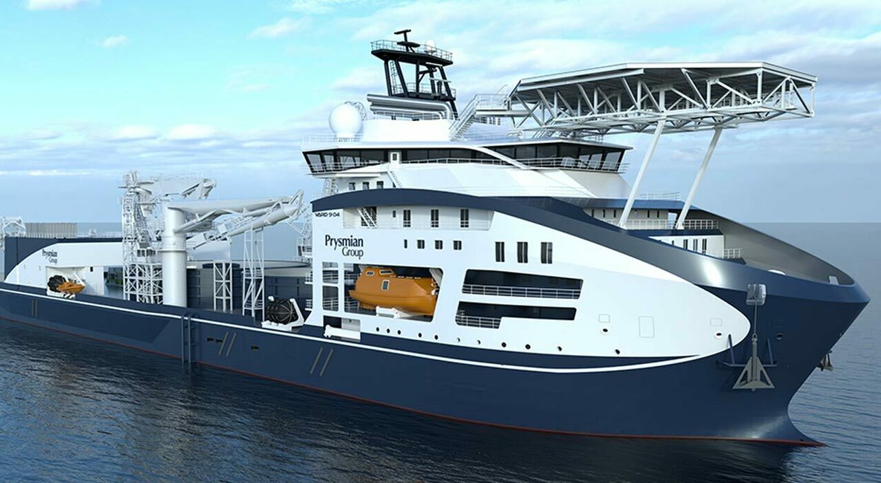 Il rendering della nuova nave posacavi ordinata dalla Prysmian GroupVard che verrà costruita da Vard (Gruppo Fincantieri)