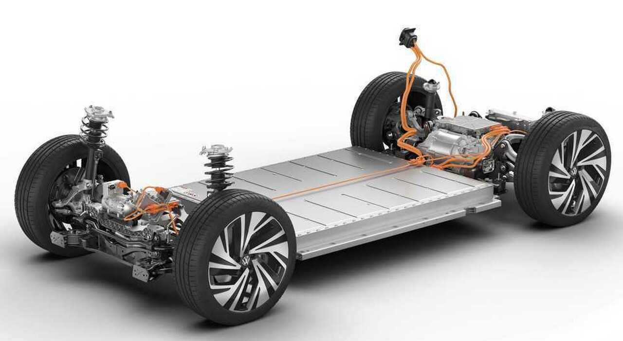 Un'auto elettrica Volkswagen dove si evidenzia il pianale di batterie